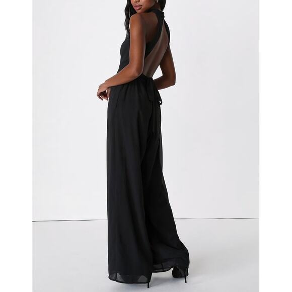 Lulus Perfectly Elegant Black Halter Backless Wide-Leg Jumpsuit size XS NEW - Picture 1 of 6